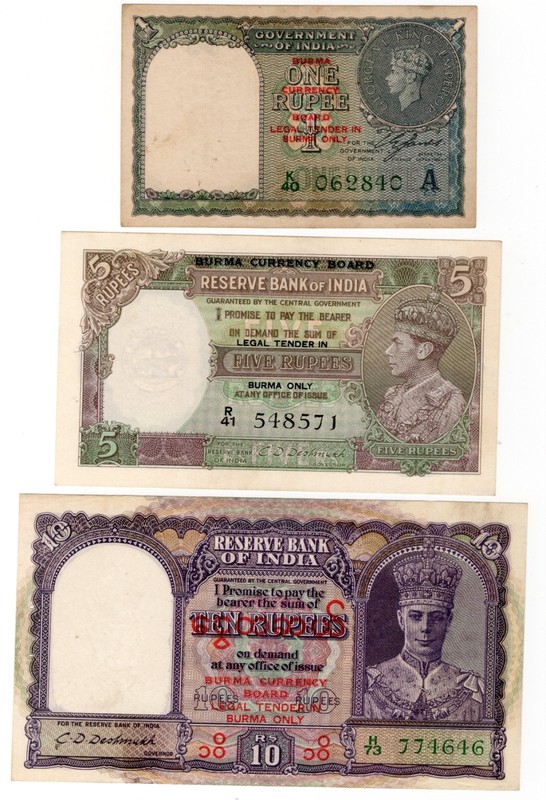 BRITISH INDIA BURMA ONLY Banknote SET 1 5 10 Rupee 1944 Nice Grade King George