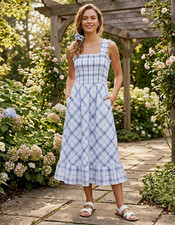 Eliza J Blue White Plaid Seersucker Smocked Square Neck Midi Dress 14