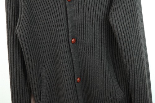 Mens Large Shawl Collar Cardigan Sweater Chocolate Brown Chunky Knit Wool FLAWS - Picture 3 of 13