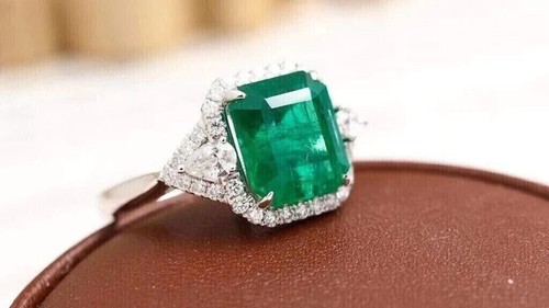 Certified Bridal Halo Ring 3.80Ct Natural Emerald & Diamond Solid 14k White Gold - Picture 5 of 10