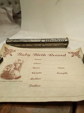 Vintage Pewter Birth Certificate Holder, Teddy Bears, Stork  Baby,Rocking Horse