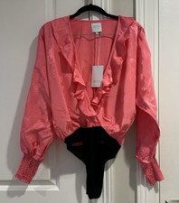 MISA Los Angeles Bodysuit Blouse Top Size XS Pink Plunging Ruffled Neckline, NEW