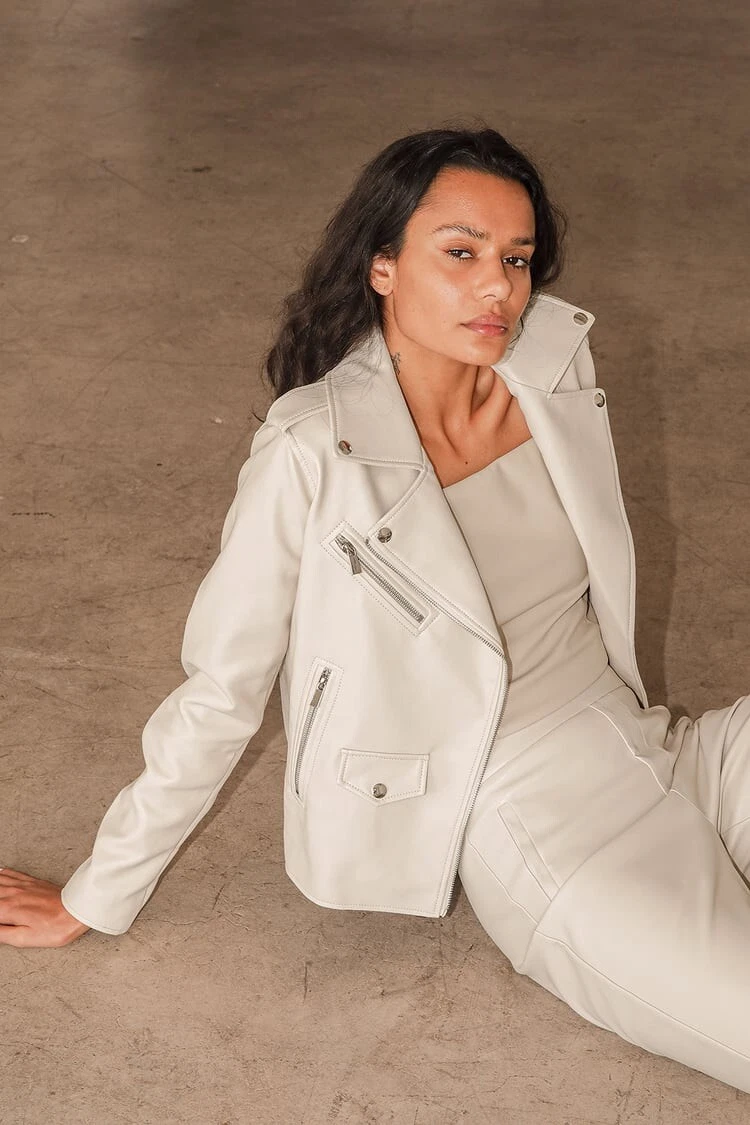Cream leather moto best sale jacket