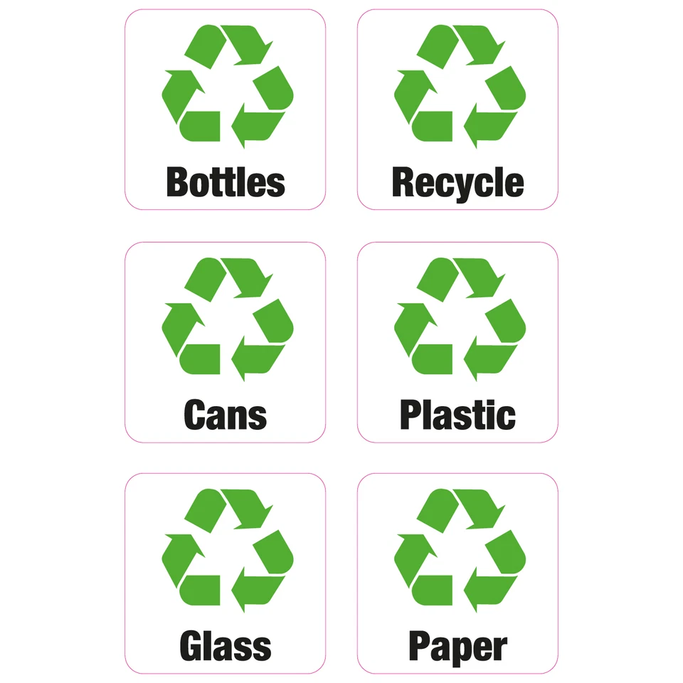 PRINTWHIZZ 6 x Recycling Bin Vinyl Stickers Shop Business Home Bottles Paper Cans Plastic