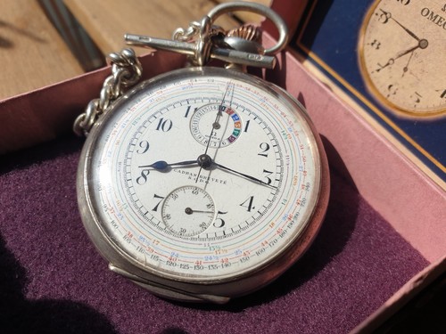 Omega Cadran Brevete S.G.D.G. Chronograph Silver Pocket Watch Silver Chain Rare!
