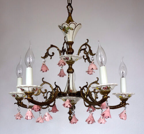 Peris Andreu antique brass porcelain chandelier, chandeliers 5 flaming - Picture 1 of 19