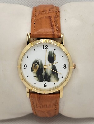 Unisex Shih Tzu Dog on Dial Round Gold Tone Brown Leather Band Analog Watch I8