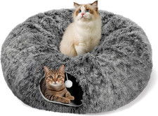 Cat Tunnel Bed for Indoor Cats, Peekaboo Cat Cave with Washable Soft Play Mat, F