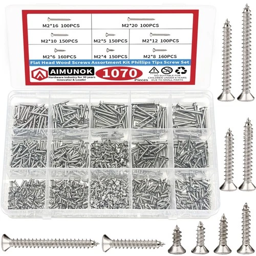 1070PCS Assorted Wood Screws Steel Countersunk Mixed Size Selection Box Set - Picture 1 of 5