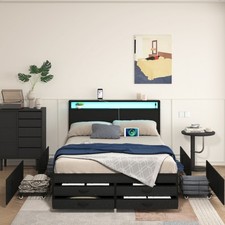 Queen Size Bed Frame with 8 Storage Drawers, LED Headboard with Charging Station