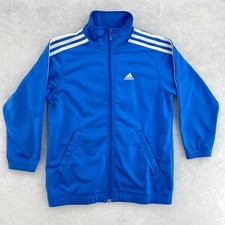 Vtg Adidas Youth Small Track Jacket Blue White Y2K Zip Up Pop Collar Striped