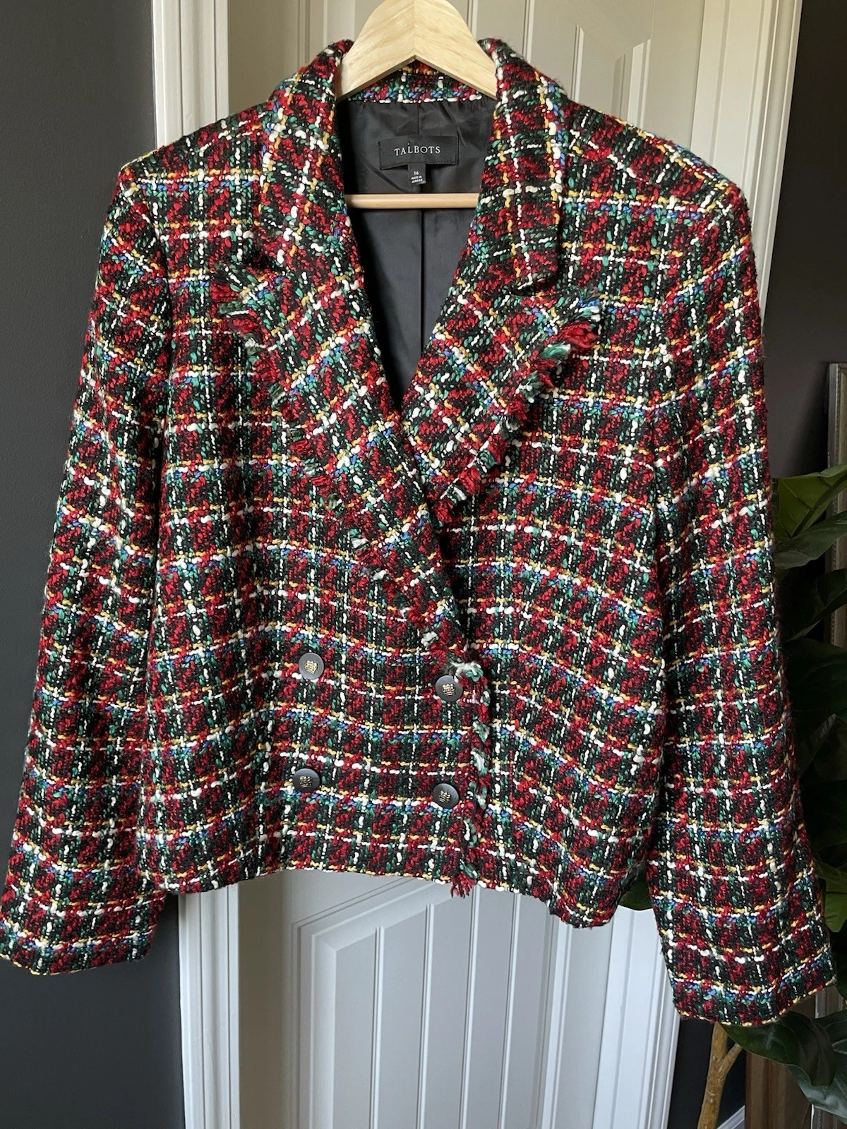 Talbots Tweed Fringe Jacket/Blazer Multicolor Plaid Lined Button Front Womens 16
