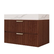 30" Walnut Wall Mount Floating Bathroom Vanity Sintered Stone Top Ceramic Sink