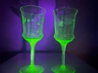 Rare Vintage set of 2 Depression Etched Green Uranium Wine Glass Water Gobblets