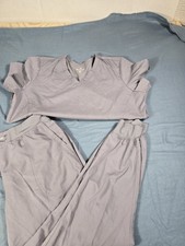 Med Couture Touch Womens Scrub Set V-Neck Top Jogger Pants Beige L