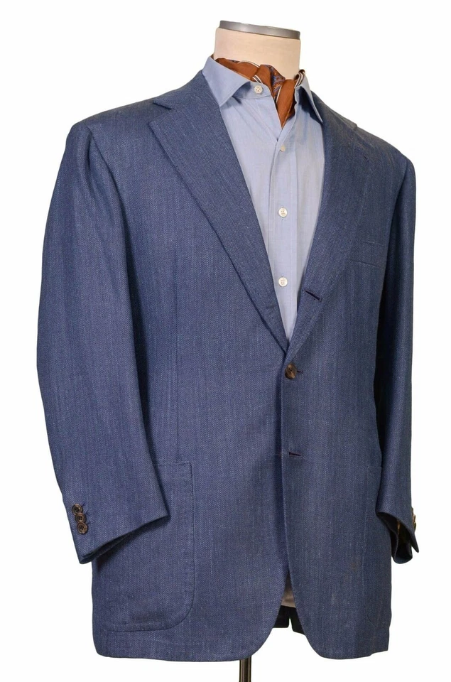 Chaqueta de lino de lana azul espiga hecha a mano RUBINACCI LH 56 NUEVA 46 corta Foto 2 de 4