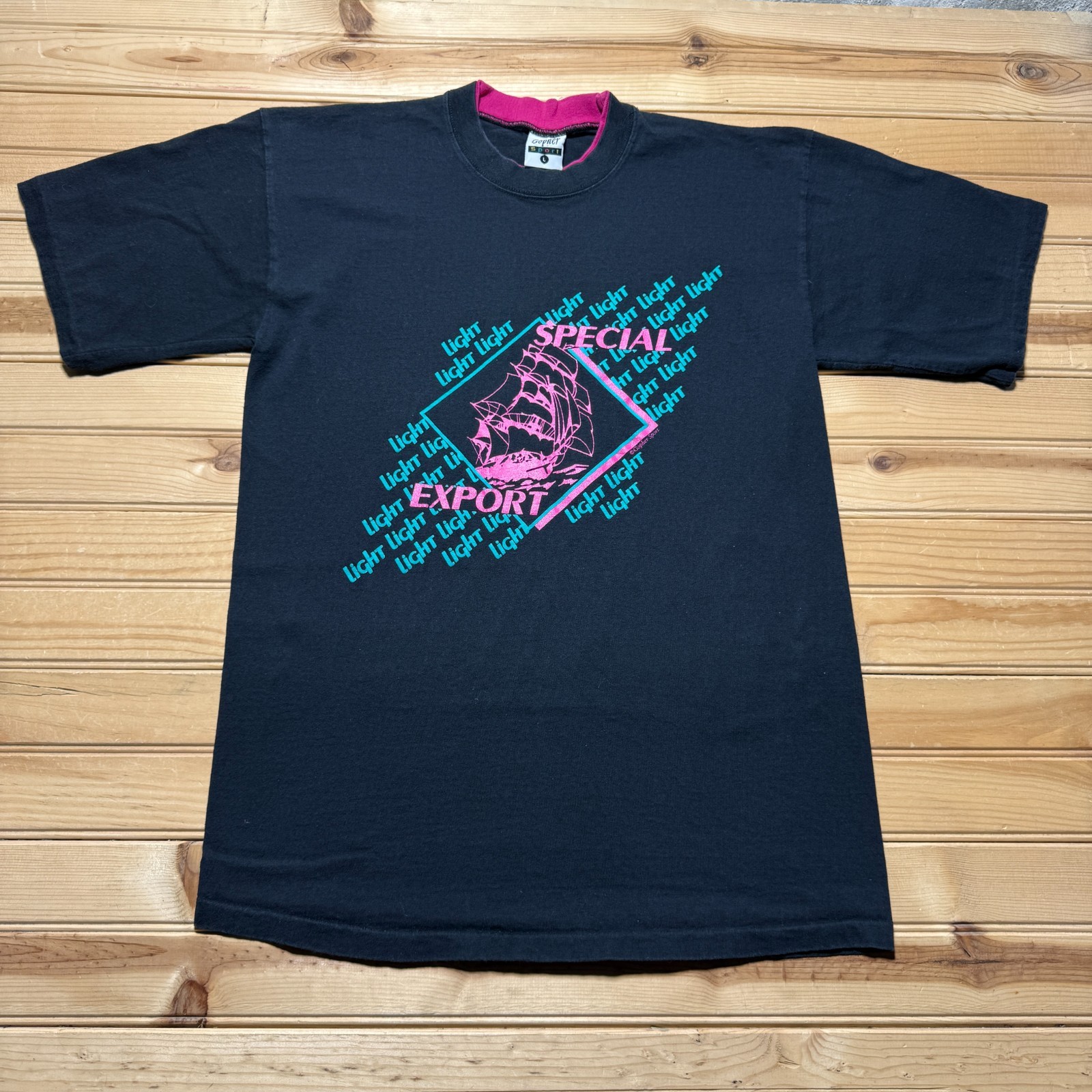 Vintage 80s Special Export Sailing Clipper Ship Neon Graphic Ringer Shirt Large