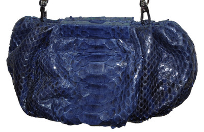 LING WU Snake Python Leather Evening Purse Bag Blue Long Chain