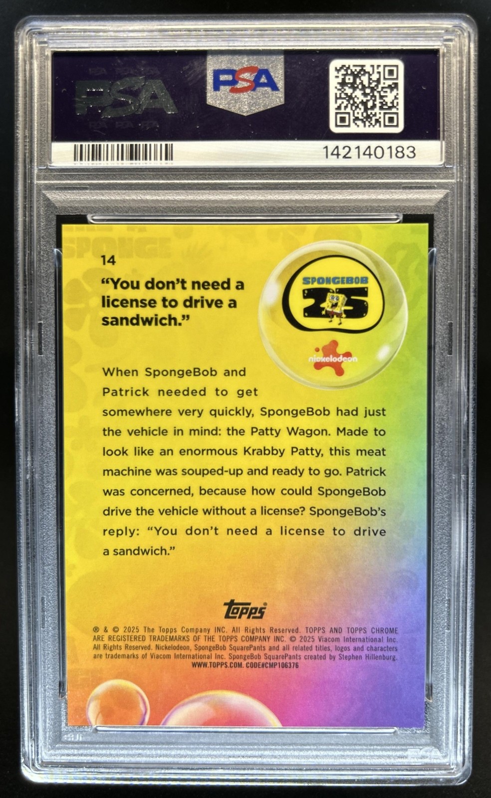 2025 Topps Chrome SpongeBob Squarepants Orange Refractor #/25 PSA 10 GEM MINT view 2