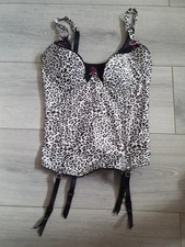 BNWOT Beautiful By Matalan Black & Leopard Print Satin Corset Basque Top Sz 34D