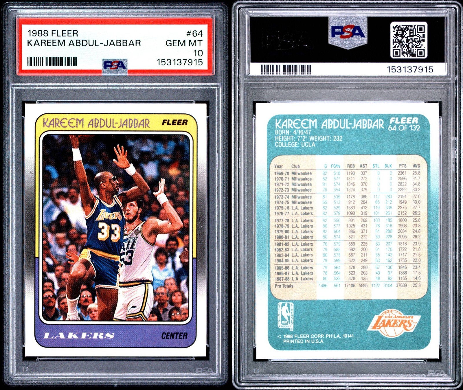 1988 Fleer Basketball #64 - Kareem Abdul-Jabbar -  🏀 PSA GEM MT 10 💎 view 3