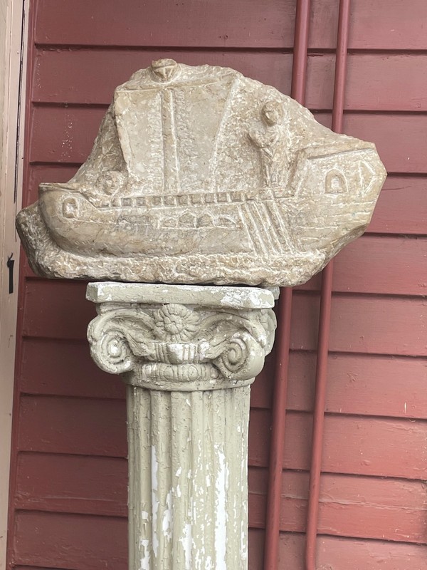 Ancient 11th century limestone bas relief  carving of ship 24”x14”x7 Museum Qual