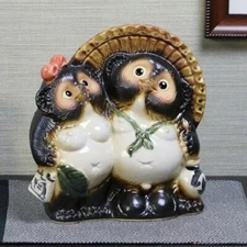 Shigaraki Couple Tanuki Pottery Pair Raccoon Dog Japanese Good Luck Statue NEW