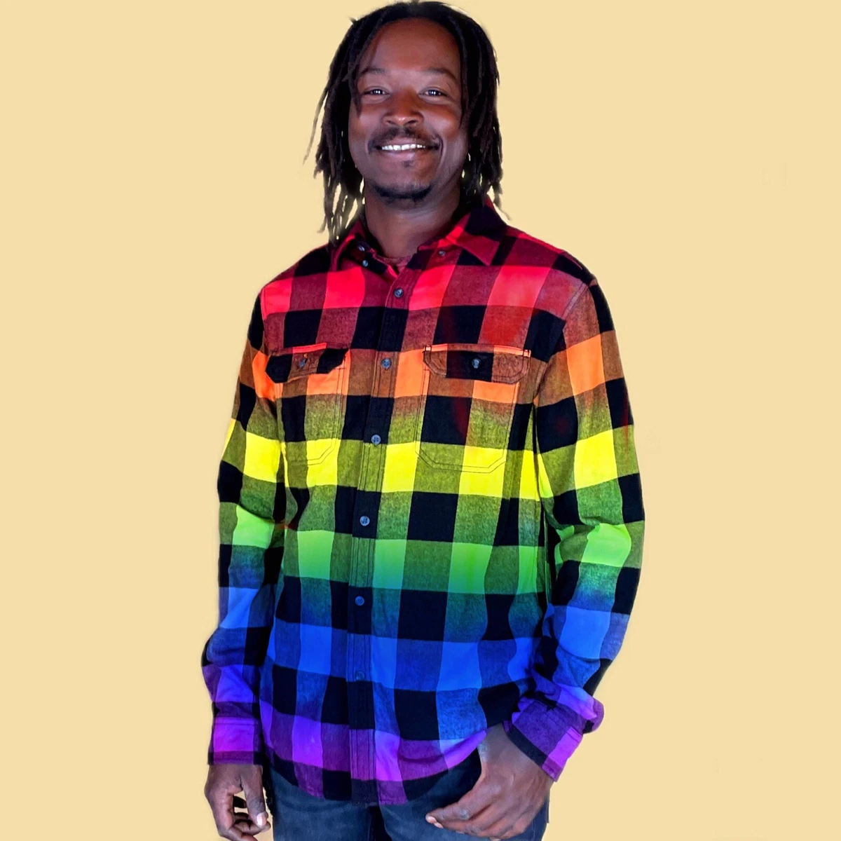 Handmade Rainbow Plaid Cotton Flannel Shirt Color Block Tie Dye