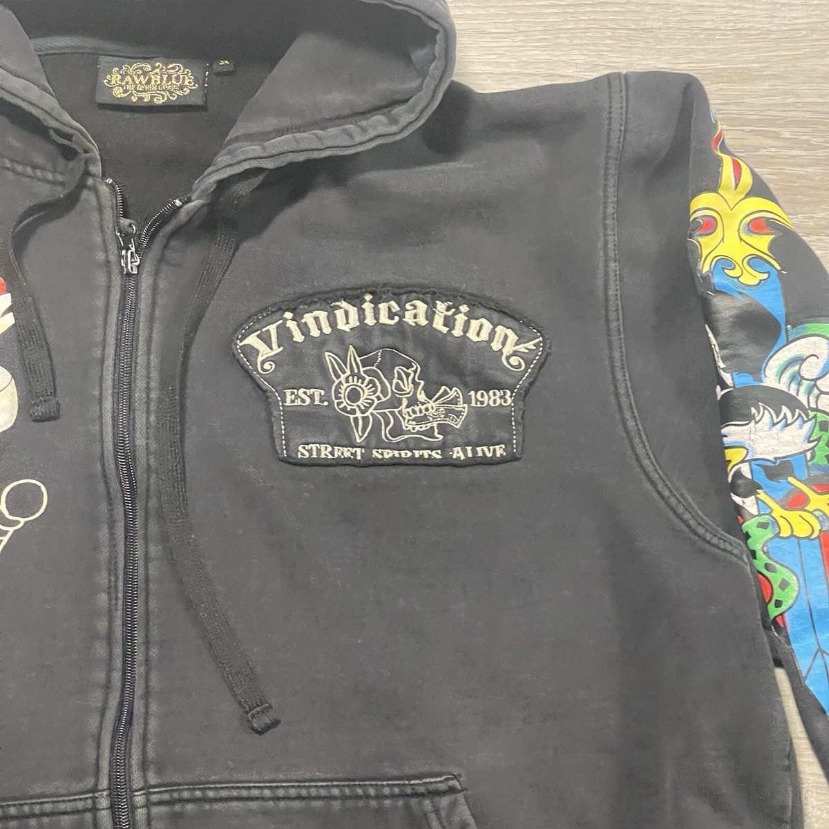 Vintage Y2K Raw Blue Hoodie Mens XL Black Full Zip Vindication