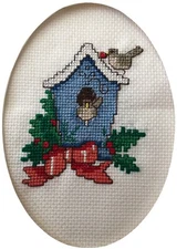 COMPLETED FINISHED CROSS STITCH CARD "CHRISTMAS BIRDHOUSE"