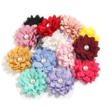 120Pcs 7.5cm 3" Satin Fabric Flowers Boutique With Pearl Center For Baby Girls