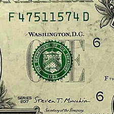 Radar Fancy Serial Number 2017 One Dollar Bill F47511574D DC Print 4751s