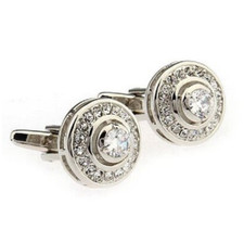 Round Stainless Steel Cuff Links w/ Cubic Zirconias Dress Shirt Cufflinks