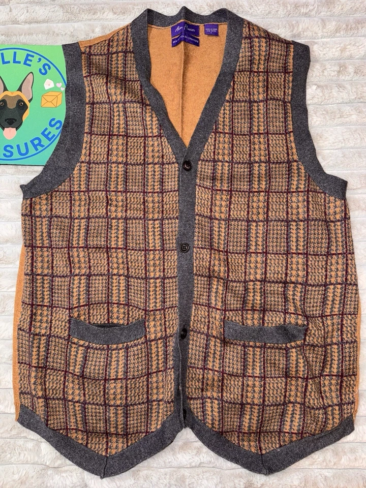 Vintage Alan Flusser Cashmere Cotton Large Plaid Sweater Vest Grandpacore - Image 2 of 4