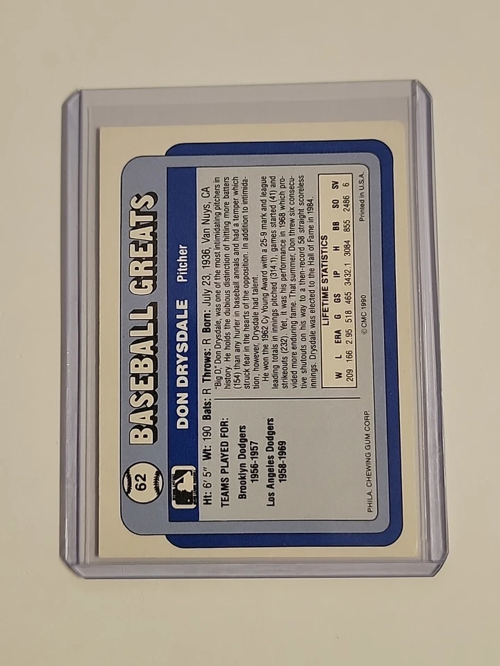 1990 MLB Swell Baseball Greats | Don Drysdale | #62 | Los Angeles Dodgers - Image 2 of 2
