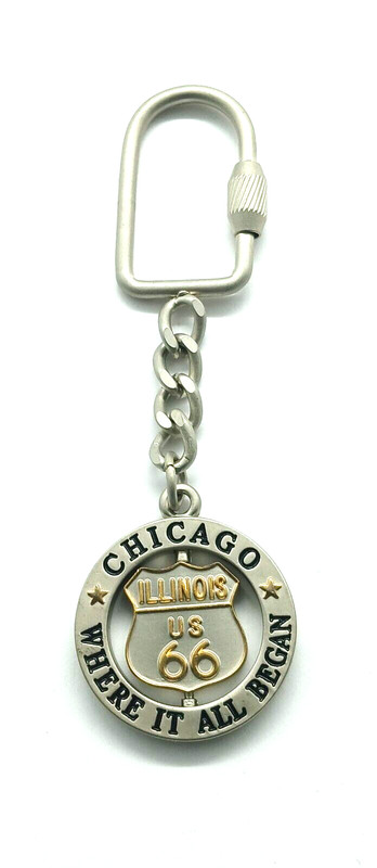 Vintage Chicago "Where It All Began" Route 66 Revolving Keyring Keychain