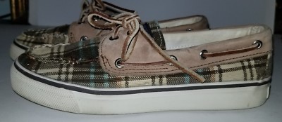 Sperry Top sider brown flannel fabric leather plaid boat  display picture 2