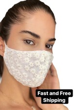 FACE MASK-Cotton/Linen-BREATHABLE-White Flowers-Washable-Adult-Adjustable Straps
