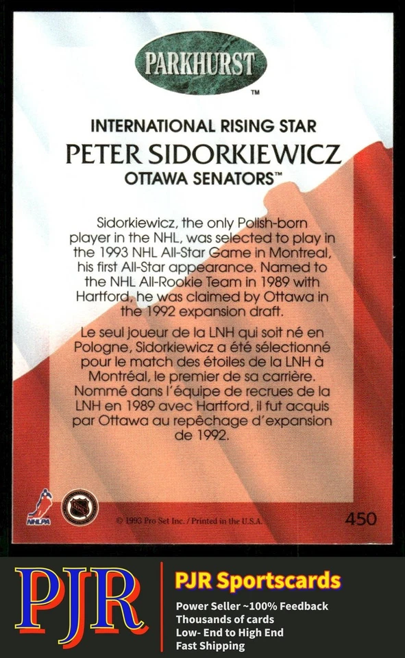 Peter Sidorkiewicz 1992-93 Parkhurst #450 Ottawa Senators - Image 2 of 2