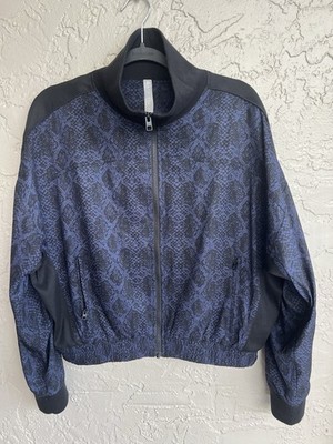 Athleta Brooklyn Track Bomber Jacket Black Blue Python Full Zip Women's M