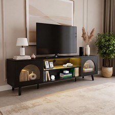 LED TV Stand Cabinet Unit Modern Glass 2 Door MDF Entertainment RGB Lights Black