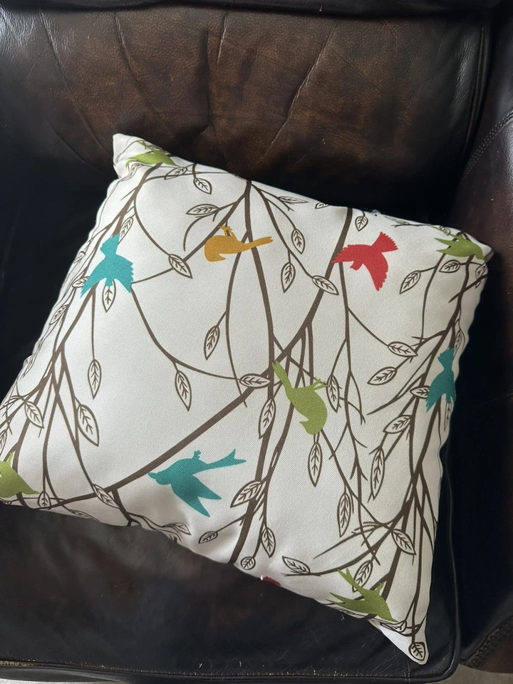 Colorful Bird Song and Trees Polyester Throw Pillow Cushion 18”x18” Square - Image 2 of 2