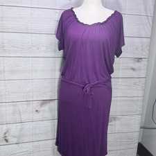 Talbots Purple Rayon Knit Ruffle Scoop Neck Tie Waist Midi Dress Womens Size M