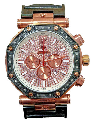 Aqua Master Men's Steel Case Black Leather Diamond Rose Gold Dial Watch W147