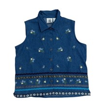 Vintage Denim Vest Embroidered Floral Blue Cotton Women L Western boho granny