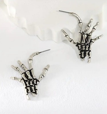 Gothic Skeleton Hand Earrings Silvery Antique Tone