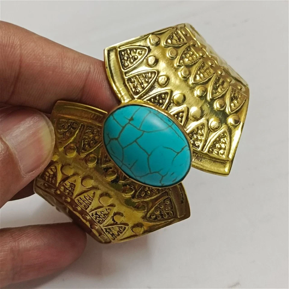 Handmade brass cuff with synthetic turquoise stone Egypt antique-style jewelry - Image 3 of 4