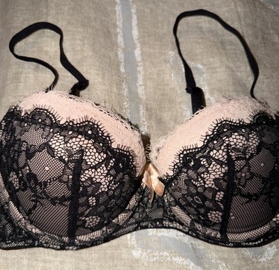 NEW Adore Me Emanuelly Push Up Black Lace Pink Underwire 32D Balconette Bra