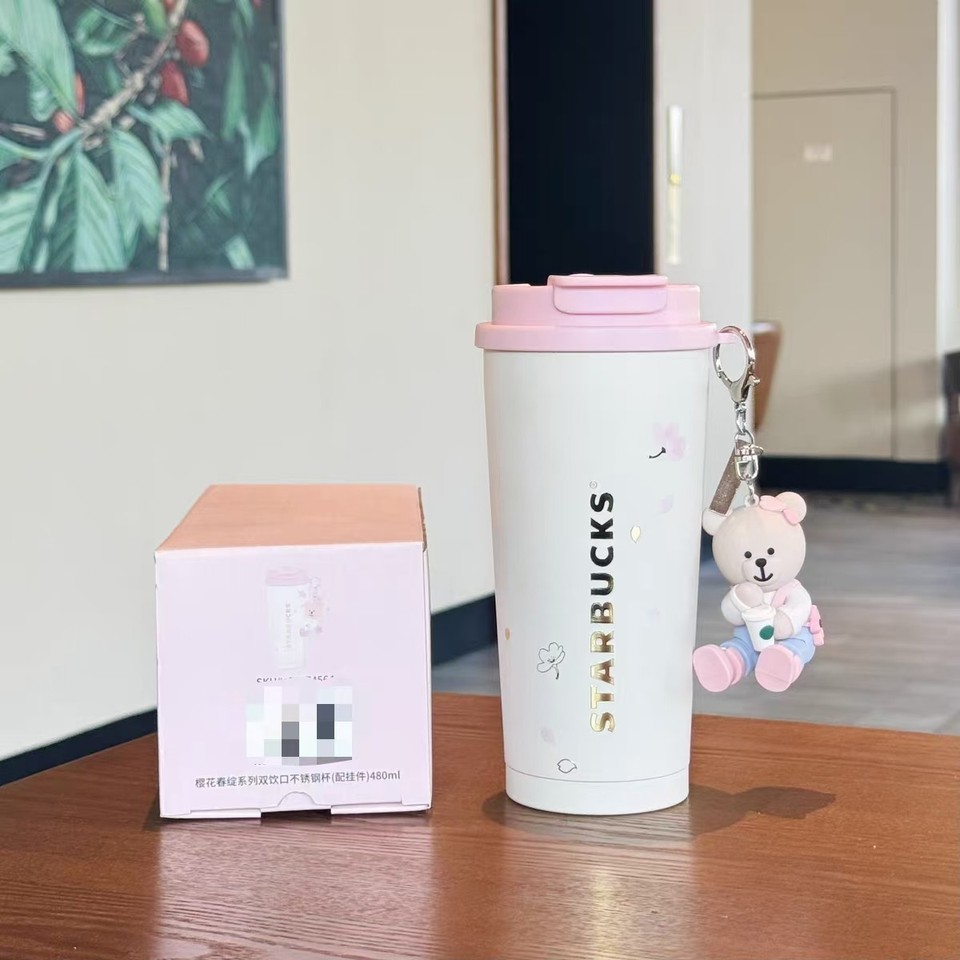 Starbucks Sakura 16oz Tumbler – Double - Wall Stainless, Bear Charm Spring Gift