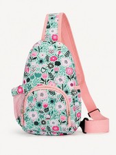 Floral Single Strap Sling Backpack Mint Pink Multi Pocket